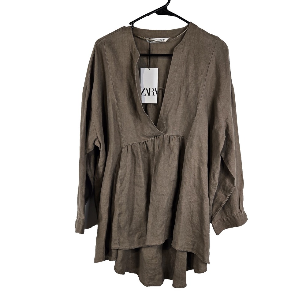 Zara Womens Medium Brown Linen Lagenlook Oversized Top NWT